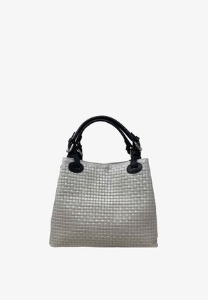 Gestructureerde grijze handtas met zwarte leren accenten, voorzien van een geweven materiaal, korte handvatten en een stijlvolle silhouette.