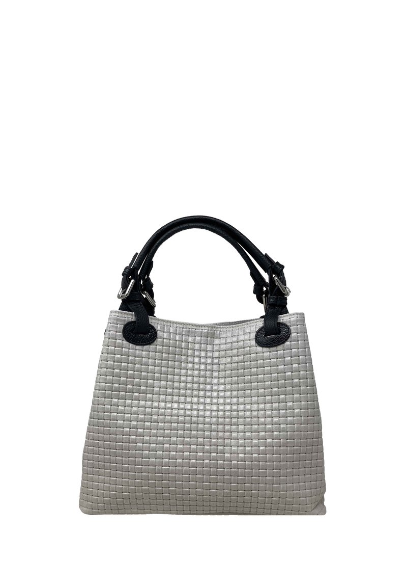 Teksturowana szara torebka z czarnymi skórzanymi akcentami, z plecionym materiałem, krótkimi uchwytami i wyraźnie zarysowaną sylwetką.
