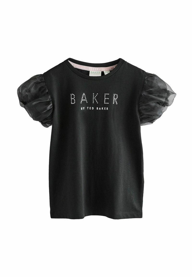 Melnā kokvilnas T-kreklā ar īsām, piepūstām tilla piedurknēm. Priekšpusē rotāts ar kristāla līdzīgu uzrakstu "BAKER by TED BAKER".