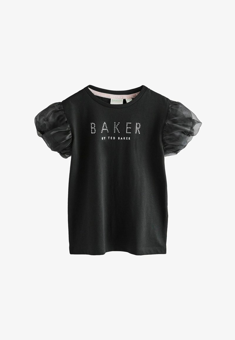 Must mustriga T-särk lühikeste puhv-õhuga tülli varrukatega. Ees on kaunistatud kristallilaadse kirjaga "BAKER by TED BAKER".