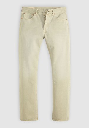 Jeans de mezclilla beige de pierna recta con cierre de botón y cremallera, bolsillos delanteros y traseros, y costuras visibles sobre un fondo neutro.