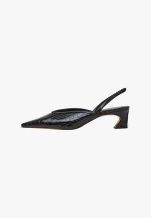 Black slingback heels with a pointed toe, crocodile texture, and a low curved heel. Smooth finish and cut-out detailing at the heel.