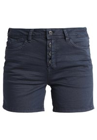 Tmavě modré denimové šortky s vysokým pasem, s knoflíkovým zapínáním, pěti kapsami a mírným vyblednutím pro ležérní vzhled.