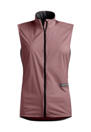 Sleeveless, dusty rose windbreaker vest with high collar and front black zipper, lightweight fabric, and small rectangular logo patch on side.