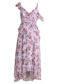 Rosa blommig klänning med volanger, korta ärmar och en hög-låg fåll. Tillverkad av lättviktig tyg, med rosor och blommönster genomgående.