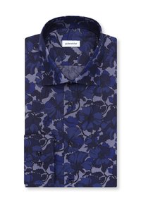 Chemise florale marine avec un motif bleu foncé et gris, un col classique et des poignets à boutons, réalisée en tissu léger.