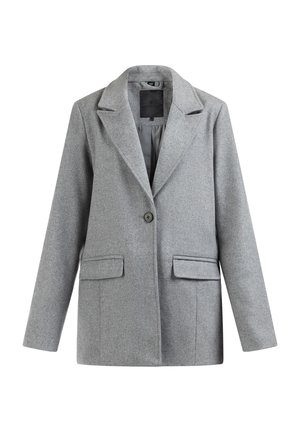 Gray wool blazer with a notched collar, single button closure, two front pockets, and a smooth lining.
