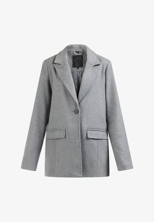 Gray wool blazer with a notched collar, single button closure, two front pockets, and a smooth lining.