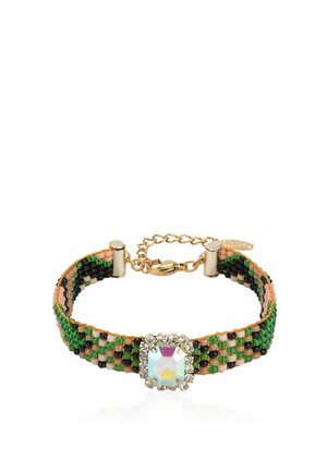 Beaded bracelet with green, black, and peach beads, featuring a central square iridescent gem surrounded by small clear crystals and a gold clasp.