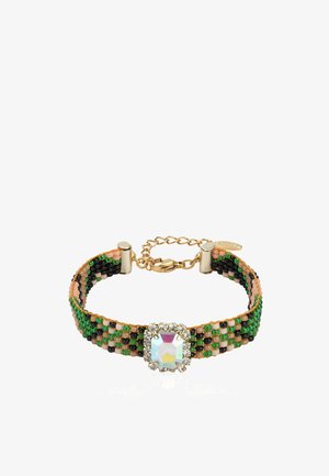 Beaded bracelet with green, black, and peach beads, featuring a central square iridescent gem surrounded by small clear crystals and a gold clasp.