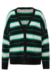 Schwarz-weiße gestreifte Strickjacke mit grünen Akzenten, V-Ausschnitt, Knopfverschluss, weiche, flauschige Textur und lange Ärmel.