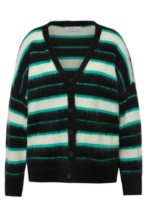 Sort/hvid stribet cardigan med grønne accenter, v-hals, knaplukning, blød, fuzzy tekstur og lange ærmer.