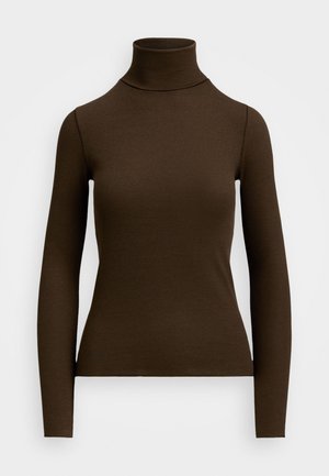 Braunes, langärmliges Turtleneck-Oberteil aus geripptem Stoff. Hat eine figurbetonte Silhouette und ein hohes Kragendesign. Keine sichtbaren Muster oder Akzente.