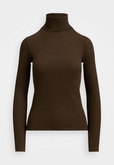 Braunes, langärmliges Turtleneck-Oberteil aus geripptem Stoff. Hat eine figurbetonte Silhouette und ein hohes Kragendesign. Keine sichtbaren Muster oder Akzente.