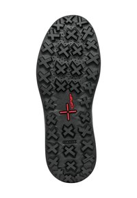 Suola in gomma nera con un motivo testurizzato di forme a X interconnesse. Presenta il marchio rosso +GRIP e il logo GEOX.