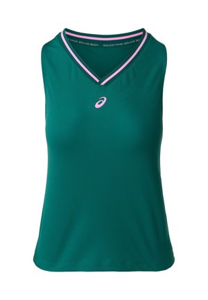 Grünes ärmelloses Sporttop mit pinkem und dunkelgrünem Besatz am V-Ausschnitt und kleinem pinkem Asics-Logo auf der Brust.