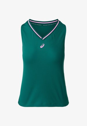 Groen mouwloos sporttopje met roze en donkergroene afwerking aan de V-hals en een klein roze Asics-logo op de borst.