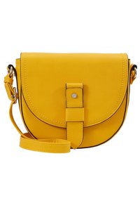 Borsa a tracolla in pelle gialla con patta arrotondata, cuciture nere a contrasto e chiusura centrale con fibbia. Tracolla regolabile inclusa.