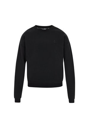 Fekete, puha anyagból készült kereknyakú pulóver, hosszú ujjakkal, bordás mandzsettákkal és szegéllyel, finom horgonylogóval a mellrészen.