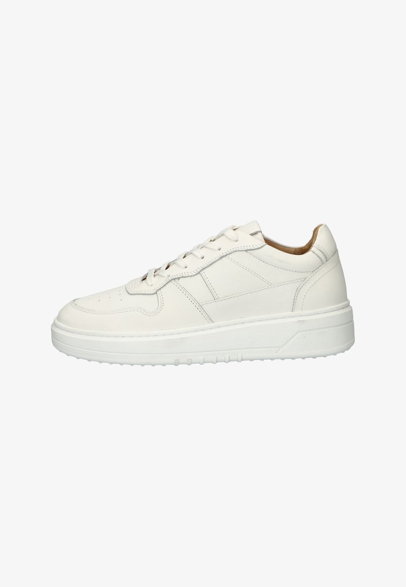 White leather sneaker with round toe, lace-up closure, subtle stitching details, and a textured rubber sole. Smooth surface with no patterns.