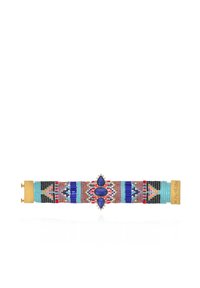 Bracelet en perles avec une gemme bleue centrale et des motifs multicolores, composé de diverses perles dans des nuances de bleu, rouge et noir, avec des accents dorés.