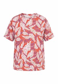 Camiseta naranja de manga corta con un estampado botánico de hojas en tonos blanco, morado y verde, con un cuello redondo.