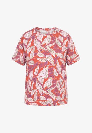 Oranžové tričko s krátkým rukávem s botanickým vzorem listů v bílé, fialové a zelené barvě, s kulatým výstřihem.
