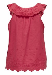 Ärmellose korallenrosa Bluse mit Lochstickerei am wellenförmigen Kragen und Saum, mit floralen Cut-out-Mustern.