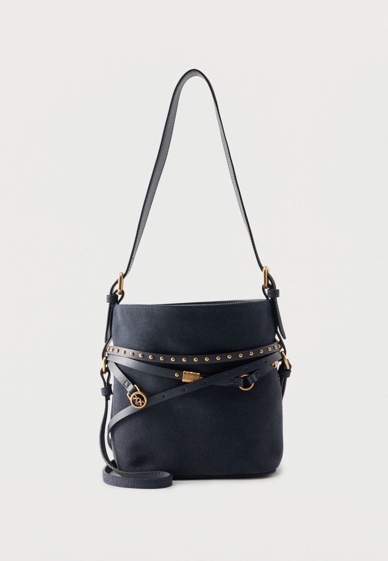 Black suede bucket bag with gold studs, adjustable leather straps, and gold hardware accents, shown against a plain light background.