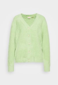 Απαλή, ελαφριά πράσινη κάρντιγκαν με V-λαιμόκοψη και έξι κρεμ κουμπιά στο μπροστινό μέρος. Ριμπ κολοβίτσες και στρίφωμα, μαλακή υφή, χαλαρός σχεδιασμός.