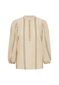 Blouse à rayures beiges et crème à manches longues avec patte de boutonnage à l'avant et manches légèrement bouffantes, dotée d'un col rond.