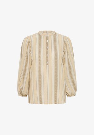 Bēšas un krēmkrāsas svītrains garroku blūze ar pogājamām priekšējām atlokām un viegli pūstām piedurknēm, ar apaļu apkakli.