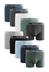 Paquet de dix boxers pour hommes dans diverses couleurs : marine, turquoise, vert, bleu clair, blanc, gris et noir. Comprend une ceinture élastique de marque NEXT.