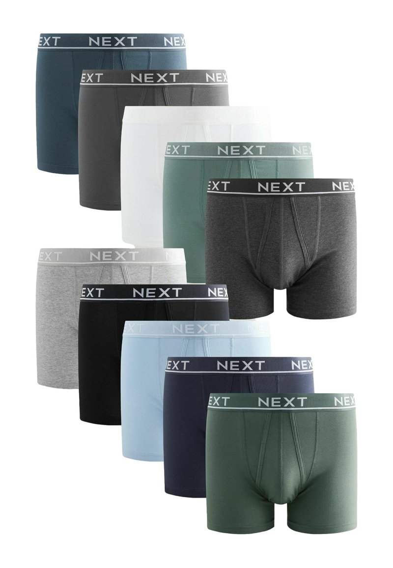 Paquet de dix boxers pour hommes dans diverses couleurs : marine, turquoise, vert, bleu clair, blanc, gris et noir. Comprend une ceinture élastique de marque NEXT.