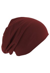 Căciulă maronie confecționată dintr-un material moale și elastic. Prezintă un design relaxat, slouchy, cu textură drapată și fără elemente hardware vizibile.