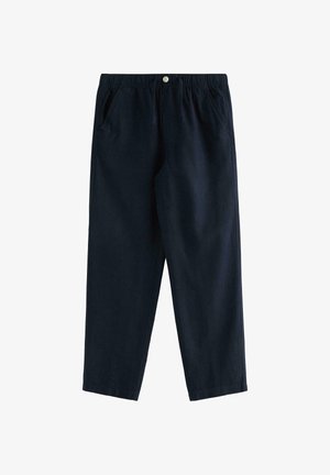 Marineblå afslappede bukser med elastisk taljebånd, knaplukning, sidelommer og lige ben.