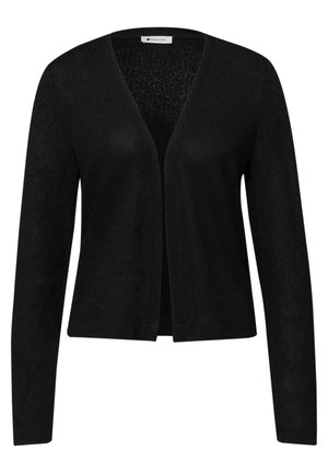 Czarny kardigan z otwartym przodem, długimi rękawami, lekką dzianiną i prostym, bezkołnierzowym krojem.