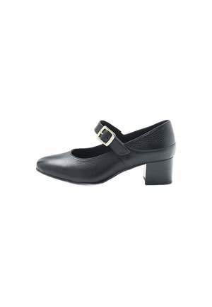 Black leather Mary Jane shoe with a square toe, adjustable strap with a silver buckle, and a medium block heel. Textured surface.