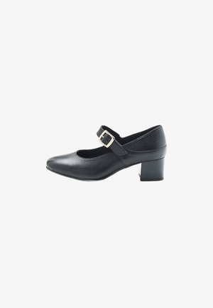 Black leather Mary Jane shoe with a square toe, adjustable strap with a silver buckle, and a medium block heel. Textured surface.
