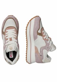 Sport sneakers with white fabric and light pink suede accents. Features a thick white sole and brown rubber tread for traction.
