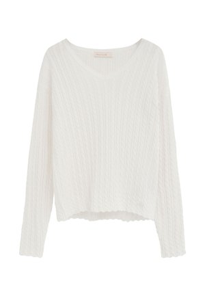 Maglione bianco a maniche lunghe con lavorazione a trecce, scollo a V e polsini a coste, orlo leggermente corto, mostrato su sfondo bianco.