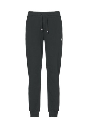Pantaloni della tuta neri con cintura elastica, cordoncino e polsini a costine. Presenta un piccolo logo sul lato sinistro anteriore.