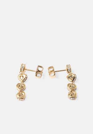 Gold heart-shaped earrings with three hanging hearts, each accented with small clear stones, featuring a stud backing for secure wear.