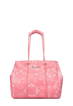 Roze Roxy tote tas met bloemenpatroon, lange gevoerde handvatten en koordsluiting.