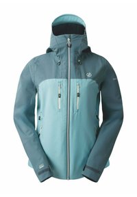 Helle blaue wasserdichte Jacke mit einem dunkelblauen oberen Abschnitt, durchgehendem Reißverschluss, verstellbarer Kapuze und mehreren Reißverschlusstaschen.