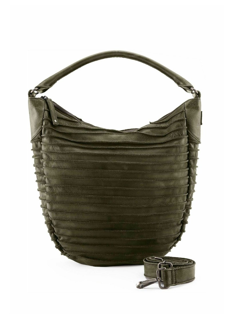 Borsa a mano in pelle verde oliva con pieghe testurizzate, manico curvo e tracolla rimovibile. Presenta una chiusura con zip e una finitura liscia.