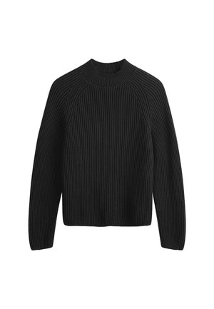 Schwarzer gerippter Strickpullover mit rundem Halsausschnitt, Raglanärmeln und kurzer Silhouette. Strukturierter Stoff und durchgängiges Muster.