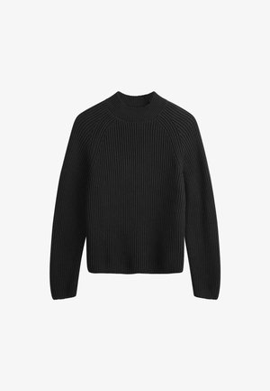 Schwarzer gerippter Strickpullover mit rundem Halsausschnitt, Raglanärmeln und kurzer Silhouette. Strukturierter Stoff und durchgängiges Muster.