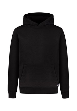 Zwarte hoodie met een ruime voork pocket, ribgebreide manchetten en zoom, en een gestructureerde stof. Voorzien van een trekkoord capuchon en een eenvoudig ontwerp.