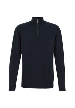 Suéter azul oscuro con un alto cuello con cremallera, mangas largas y puños y dobladillo acanalados. Hecho de una tela suave con una textura lisa.